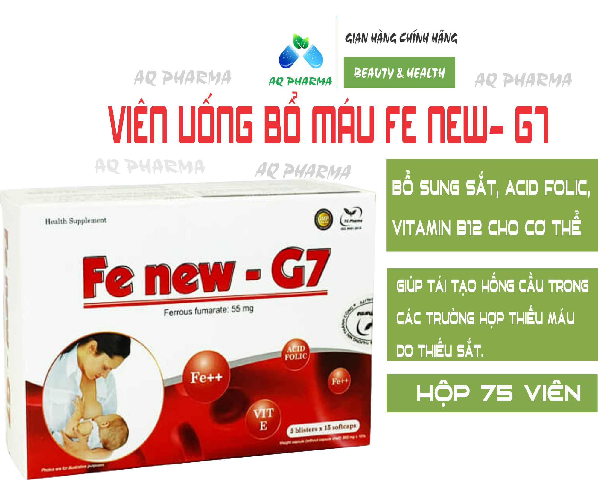 Combo 2 hộp fe new g7 bổ sung sắt, acid folic, vitamin b12 cho mẹ bầu - sat01