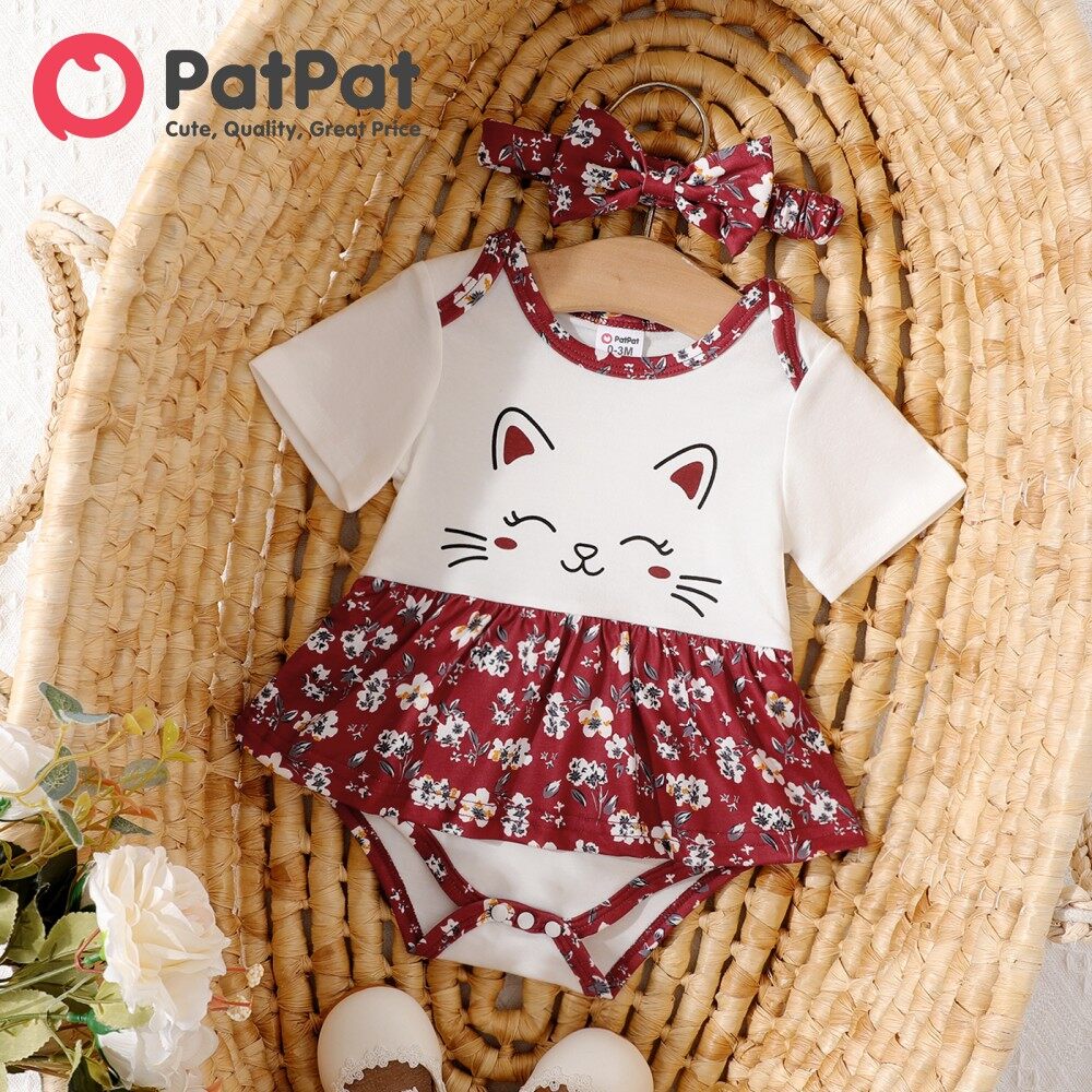 PatPat 2pcs Baby Girl Cat & Floral Print Short