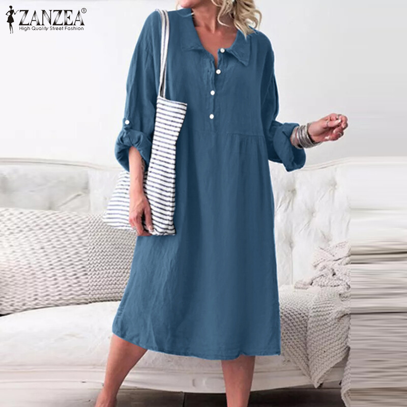 Zanzea đầm xòe cổ bẻ tay dài cho nữ đầm midi thường ngày dự tiệc trơn dáng rộng #15