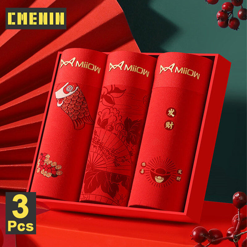 CMENIN 3Pcs ผ้าฝ้ายนักมวยชายชุดชั้นในปีใหม่สีแดงพิมพ์นักมวยชายกางเกงในชายกางเกงไม่มีรอยต่อกางเกงระบายอากาศ M1605 ราคา 349 บาท*ส่งฟรี