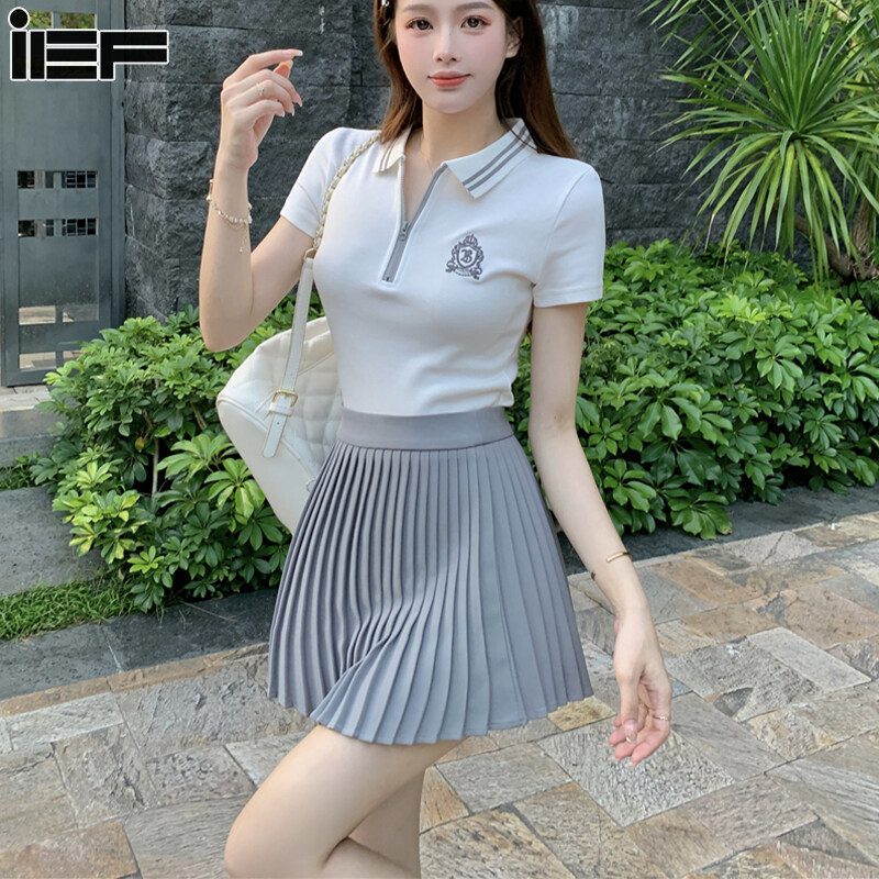 Ief Áo thun nữ mùa hè thời trang Hàn Quốc Thêu áo màu tương phản cổ áo polo hở bụng ngắn tay áo thun quần áo nữ