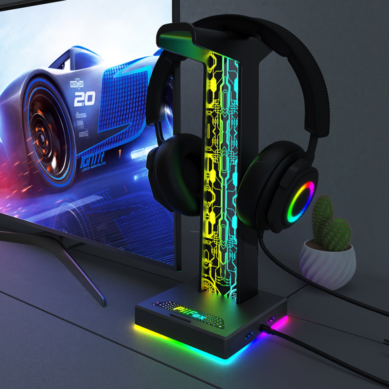 Giá đỡ tai nghe rgb 10 hiệu ứng ánh sáng cổng usb kép cổng âm thanh 3.5mm để bàn giá đỡ tai nghe móc treo cho máy tính