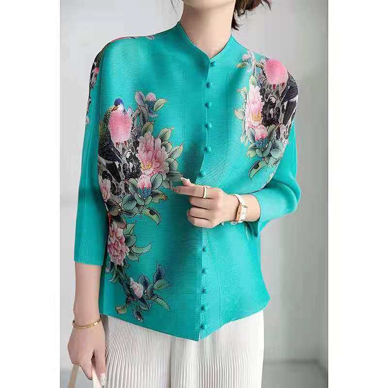 Áo cánh xếp li miyake, áo khoác nữ in hoa hồng cổ điển phong cách trung quốc 2021 áo có cúc áo cardigan in áo cánh cỡ lớn áo nữ