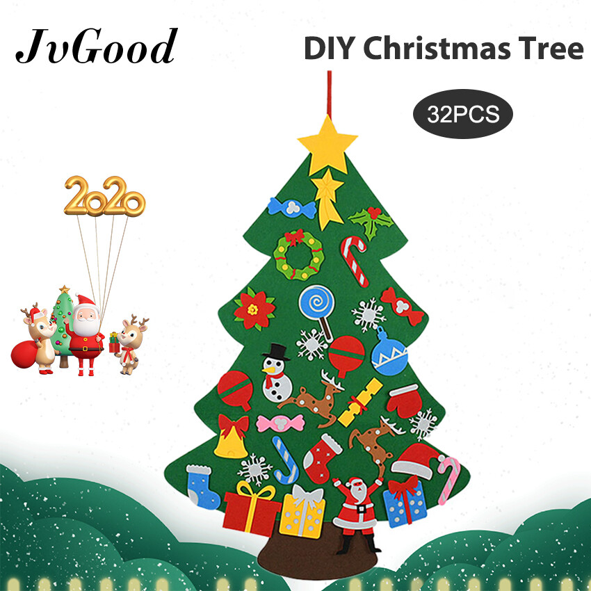 JvGood Cảm Thấy Giáng Sinh Cây 28/32PCS Trẻ Em DIY Cảm Thấy Cây Giáng Sinh Đồ Trang Trí Treo Tường Quà Tặng Năm Mới Đồ Trang Trí Giáng Sinh Cây Santa Handmade Giáng Sinh Trang Trí Nhà