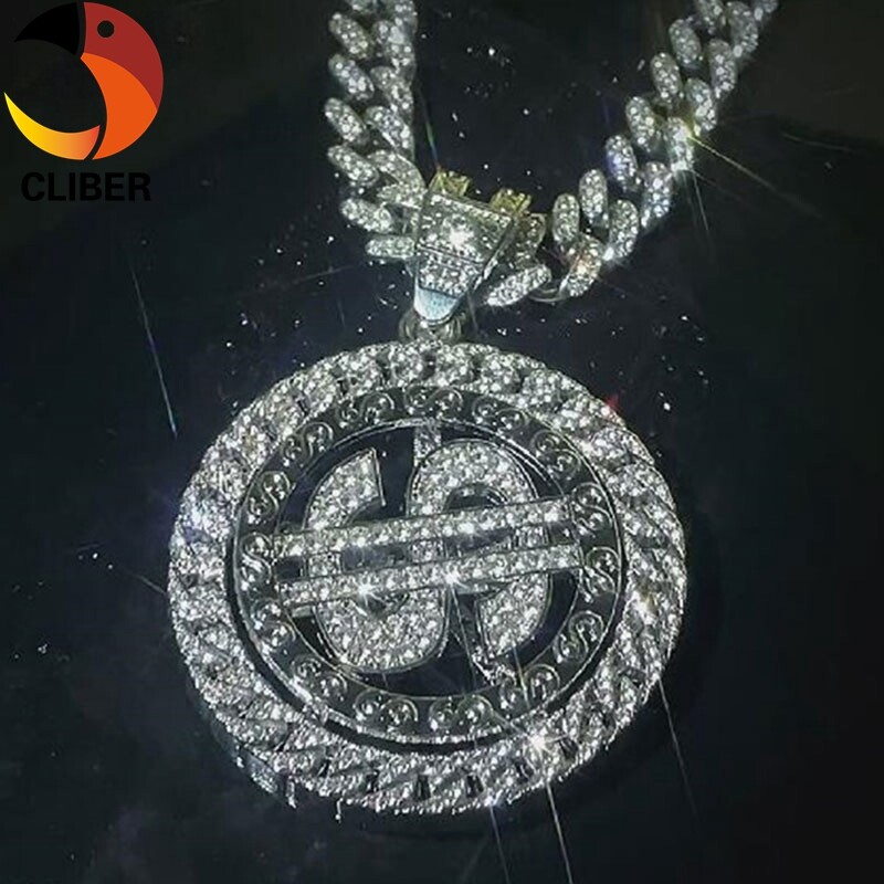 CLIBER Vòng Cổ Mặt Dây Chuyền Xích Miami Cuba 13Mm Có Thể Xoay Hình Đô La AAA + Kim Cương Giả HIP HOP Cho Trang Sức Nam Nữ
