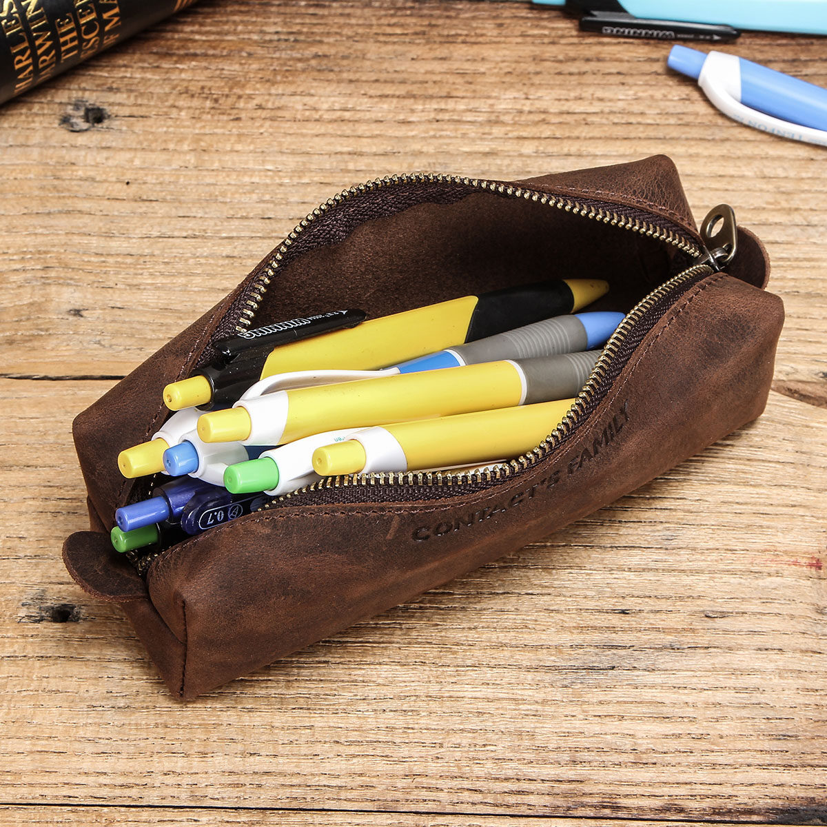 CONTACT‘S Genuine Leather Retro Pencil Case Big Capacity Business Pencil case For Kids Zipper Pen Bag School Office Stationery Case Glasses Bag