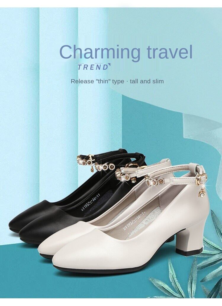 Mother shoes mid-heel low-heel leather soft sole women's single shoes 2020 new middle-aged spring and autumn women's one-word buckle shoes