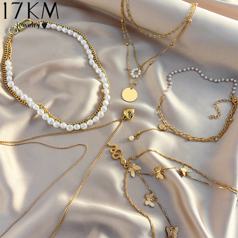 Vòng Cổ Mặt Dây Chuyền Hình Rắn Trái Tim Nhiều Lớp Hợp Thời Trang 17KM Cho Nữ Dây Chuyền Hình Bướm Vàng, Vòng Cổ Ngọc Trai Quà Tặng Trang Sức