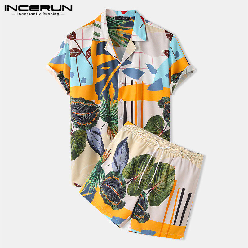 (Phong Cách Giải Trí) INCERUN Bộ Đồ Bơi Hawaii Hoa Cho Nam Ngắn Tay Áo Áo Sơ Mi + Quần Short Đồ Ngủ Mới