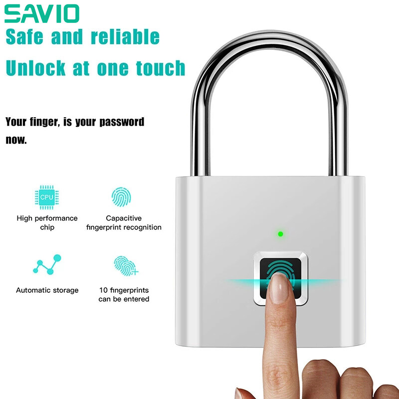 [Ready stock] SAVIO Fingerprint Lock USB Rechargeable Waterproof Smart Thumbprint Padlock Anti-theft Electric Mini Lock For Luggage Case