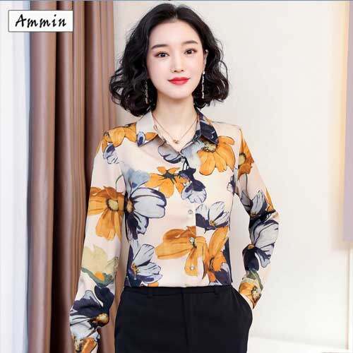 AMMIN Spring 2020 new Korean style long-sleeve lapel collar retro Hong Kong sense printed slim fit elegant mulberry silk shirt for women's