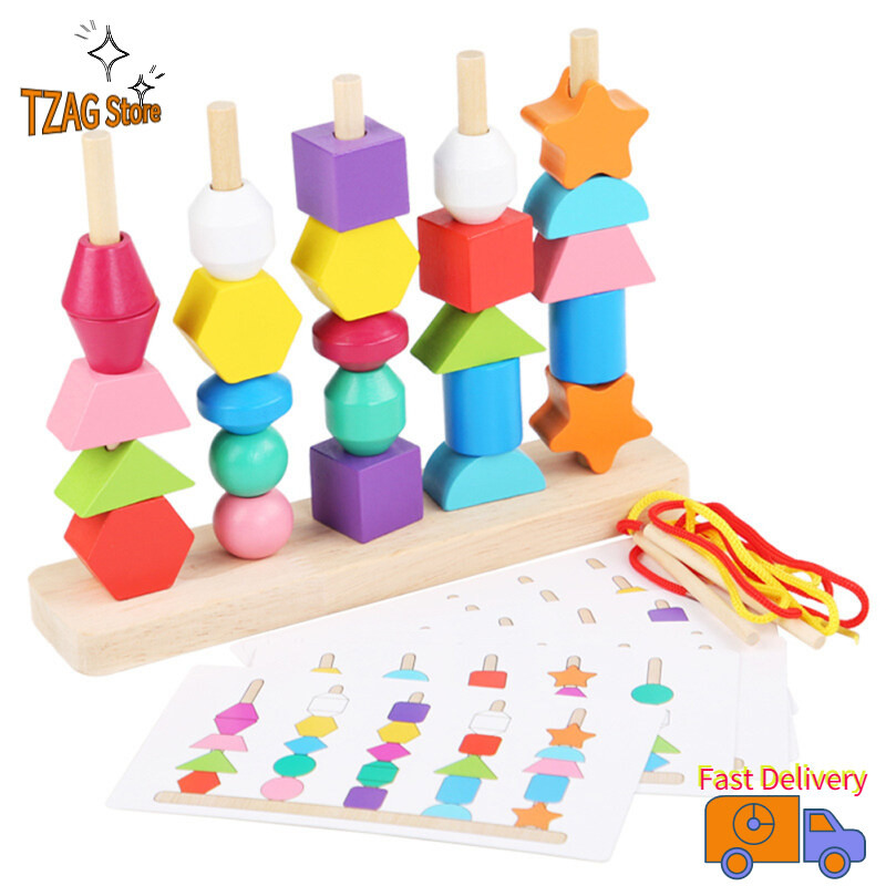 TZAG Store Beads Sequencing Toy Wooden Stacking Blocks Lacing Beads Shape