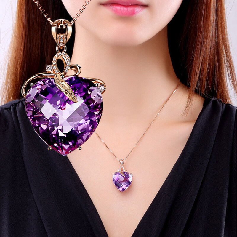 Dây chuyền kim cương thạch anh tím hình trái tim cho nữ phong cách Hàn Quốc trang sức khí chất quà tặng đám cưới