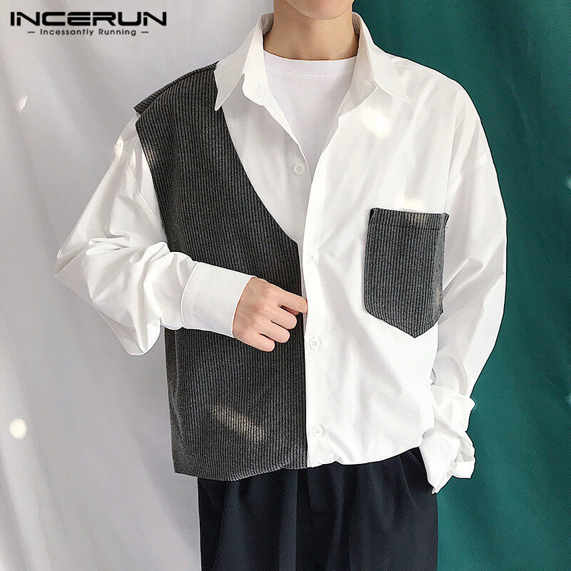 (Phong Cách Hàn Quốc) INCERUN Áo Thun Vải Nhung Kẻ Chắp Vá Cho Nam Quan Hệ Nhân Quả Phù Hợp Với Trang Phục Chính Thức Áo Sơ Mi Đảng Dress Tops