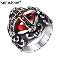 Kemstone แหวนสีแดงแบบกอธิคสำหรับผู้ชายสแตนเลสทางศาสนาแหวนสุดเท่แหวนชาย