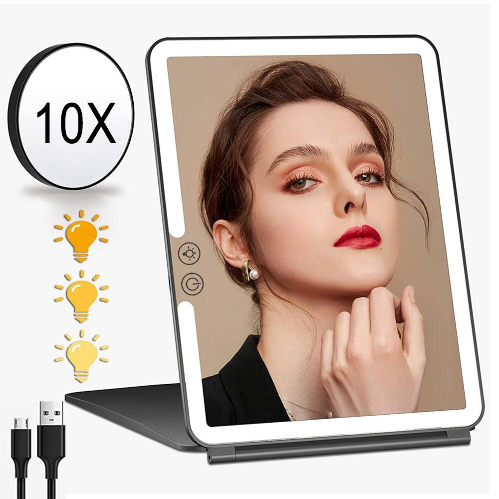 Led 10x Magnifying With Light Mirror Portable Foldable Travel Desk Vanity