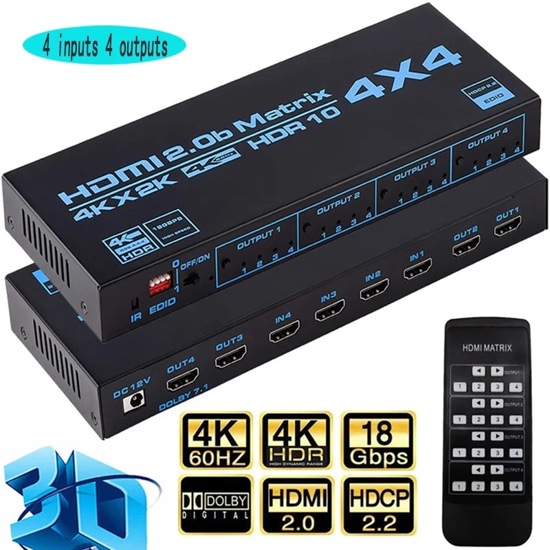 HDMI Matrix Switch 4x4, 4K HDMI Matrix Switcher Splitter 4 In 4 Out Box with EDID Extractor and IR Remote Control ราคา 3,050 บาท*ส่งฟรี