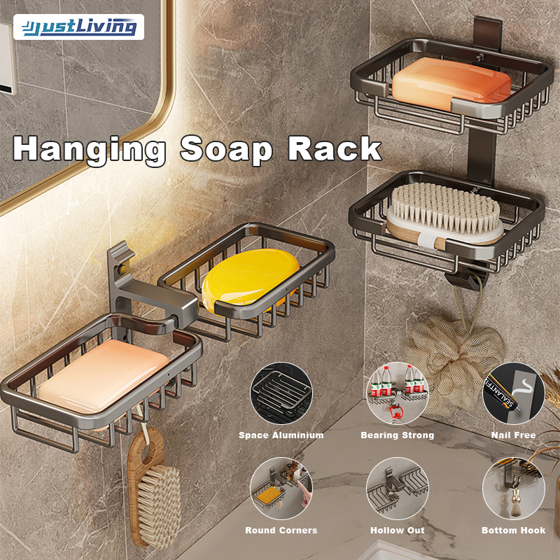 Justliving giá đựng xà phòng bằng nhôm đôi cho bồn tắm kệ gắn tường phòng tắm không khoan đục giá đỡ kim loại giá sắp xếp hộp đựng xà phòng phòng tắm