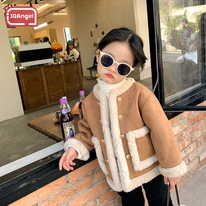 IQANGEL Girls' plus velve coat  children's fashionable long sleeve short Joker winter coat