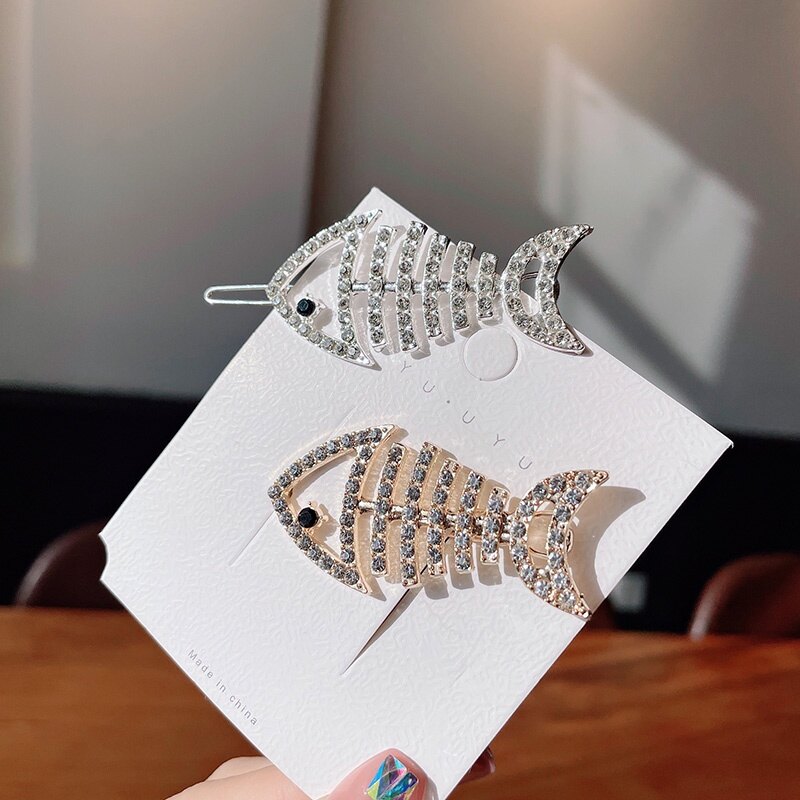 Phiên bản hàn quốc kẹp tóc hình xương cá đính đá kẹp tóc phong cách instagram tóc mái bên màu đỏ lưới đơn giản cá tính cho nữ