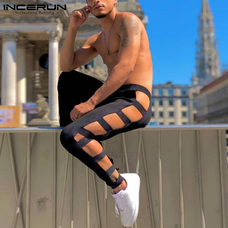 (Phong Cách Phương Tây) INCERUN Quần Thể Thao Nam Bó Sát Quần Tập GYM Khoét Lỗ Quần Nỉ Thoải Mái Quần Chạy Bộ