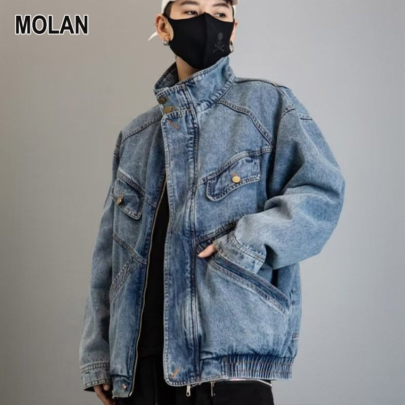 MOLAN Đứng cổ áo Áo khoác Denim nam phong cách mới không đều áo khoác áo khoác Jacket đẹp trai đường phố rộng