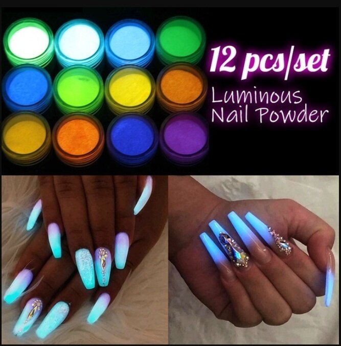 12 hộp bột phosphor neon bột lấp lánh móng tay bột huỳnh quang màu phát sáng bụi, lấp lánh móng tay, phát sáng trong bóng tối
