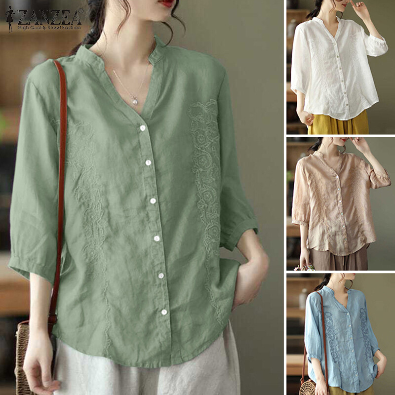 Esolo ZANZEA Womens thêu hoa cổ điển áo trơn bông cài cúc Tops Áo khoác Blouse rộng #8