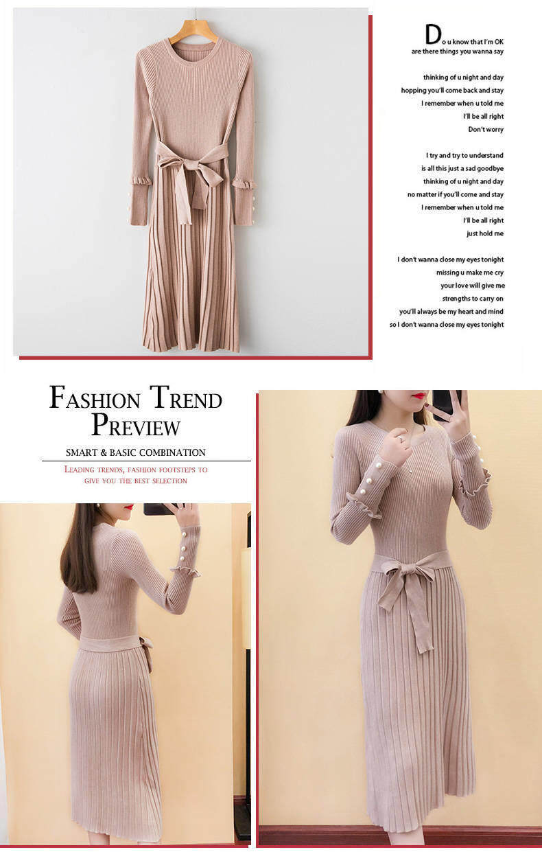 2020 spring new women's long knitted dress long sleeve sweater dress autumn and winter base wool skirt