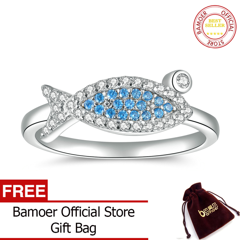 Bamoer nhẫn đeo tay hình cá màu xanh bằng bạc ý 925 thật cho nữ trang sức thời trang cz trang sức đám cưới bản to mới bsr106