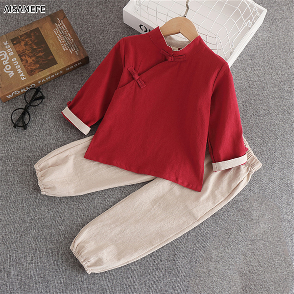 AISAMEFE New Chinese Style Kids Clothes Boys Tang Suit Hanfu Cotton And Linen Long Sleeve Long Pant New Year's Clothing 1-8Y ราคา 468 บาท*ส่งฟรี