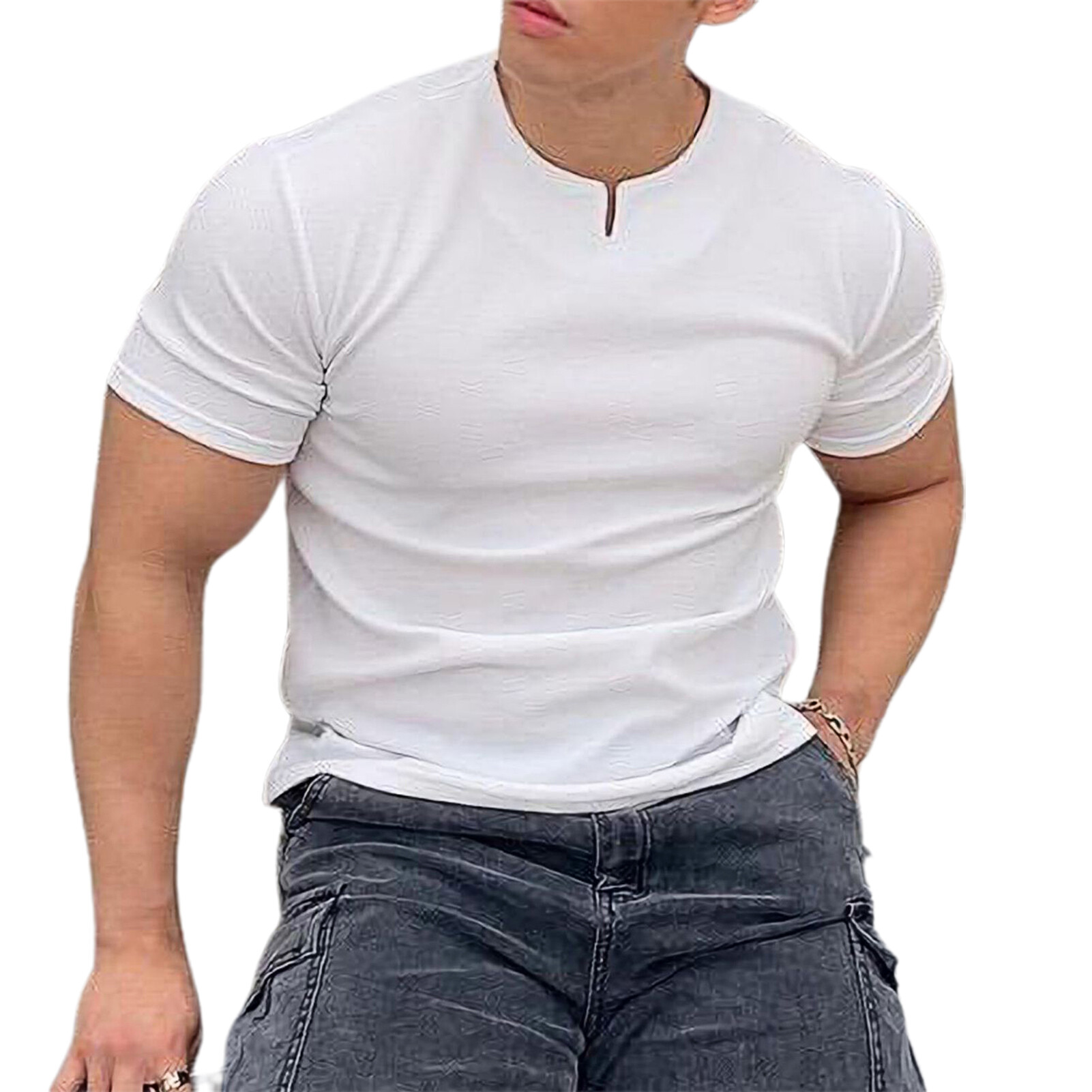 Áo thun nam áo dáng rộng ngắn tay mùa hè co giãn màu trơn để hẹn hò áo thun mùa hè v