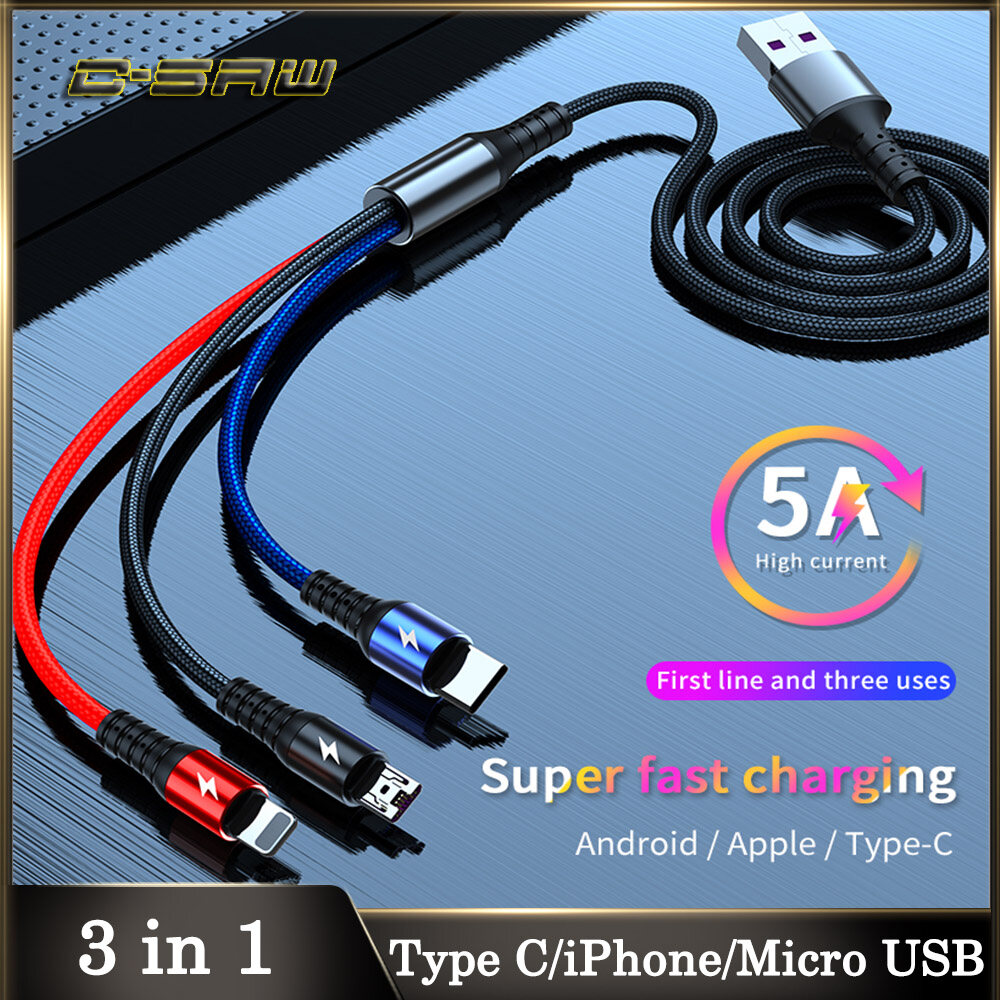 C-SAW 5A 3 Trong 1 Cáp USB Cho iPhone Sạc Nhanh Sạc Micro USB Loại C Tăng Áp Cáp Hỗ Trợ 40W Huawei SuperCharge 65W OPPO VOOC Dash Phí Đối Với Samsung VIVO Xiaomi Redmi Sạc Nhanh Giao Thức