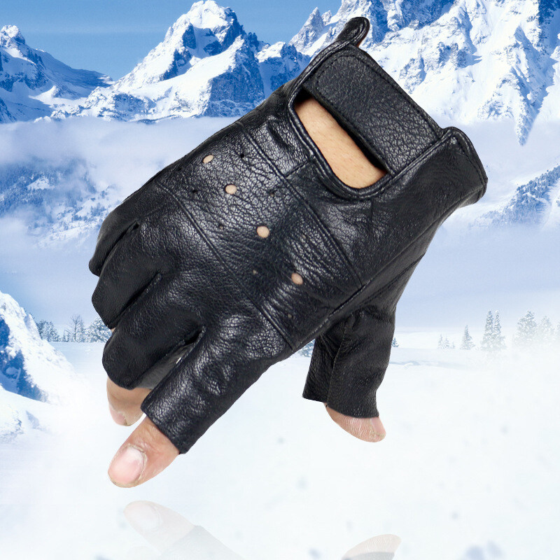 Men Sheep Leather Driving Gloves Fitness Gloves Half Finger Tactical Gloves Black