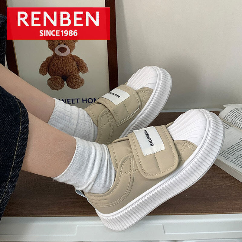 RENBEN Phiên Bản Hàn Quốc Giày Bánh Quy Cho Nữ Đầu Vỏ Giày Trắng Nhỏ Velcro Với Đế Dày Giày Bánh Mì