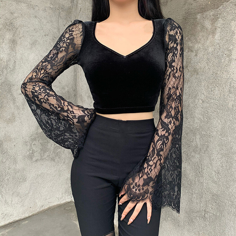 Beautifultime Y2K Đen Mỏng Áo Thun Crop Top Ngắn May Ren Nữ Xuyên Thấu Tay Loe Dài Áo Phông Cổ Chữ V Áo Khoác Ngoài