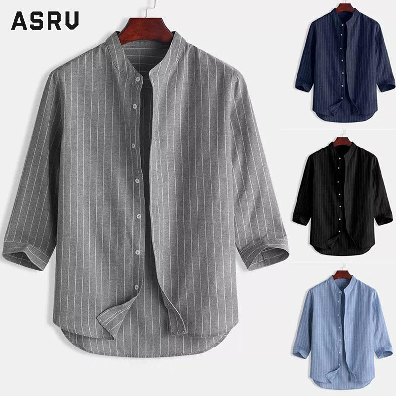 Asrv áo sơ mi áo nam áo boy phố áo sơ mi nam boypro áo sơ mi vải lanh cho nam áo sơ mi ngắn tay kẻ sọc cổ đứng thời trang trẻ trung mới thoải mái và thoáng khí