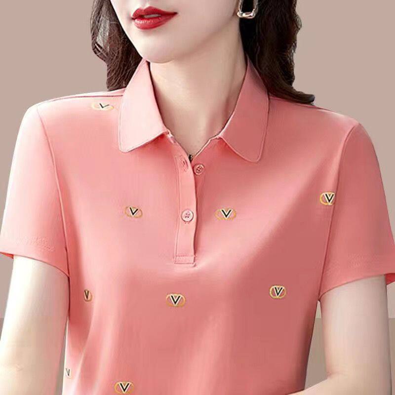 Áo Thun Ngắn Tay Cho Nữ Áo Polo Cho Mẹ Trung Niên Cá Tính Thời Trang Mùa Hè Cho Nữ Áo Dáng Rộng Mỏng Có Ve Áo