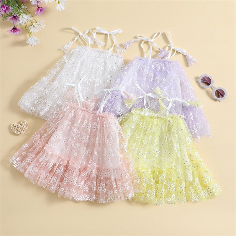 【Beautywoo】Baby Đầm Bé Gái, Đầm Chắp Vá Lưới In Hoa Dây Mảnh Buộc Dây Cho Bữa Tiệc Hàng Ngày