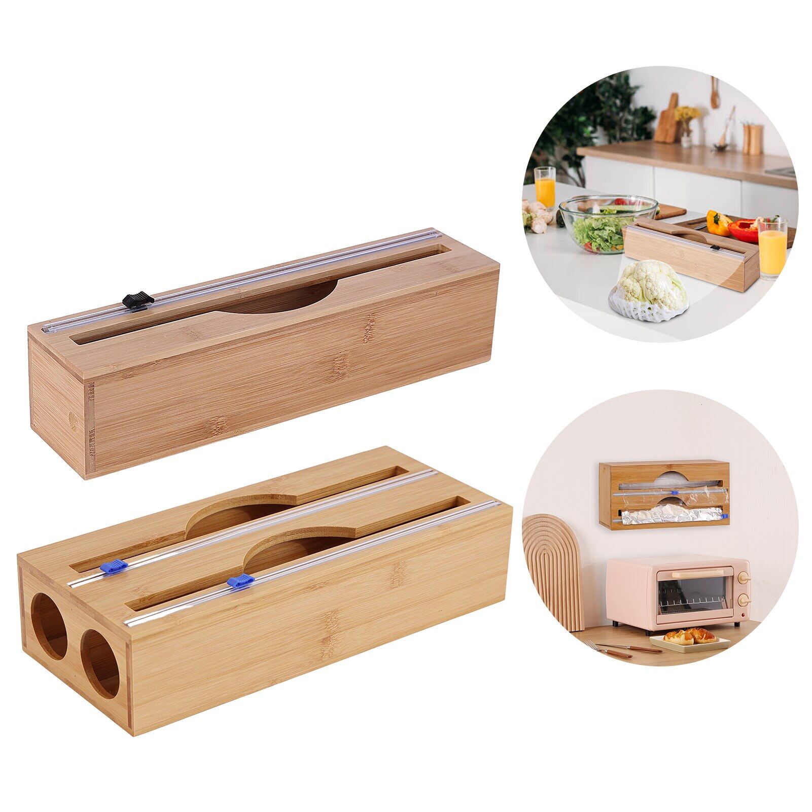 Hộp đựng bọc nhựa bằng gỗ tre 3 trong 1 hộp đựng màng bọc thực phẩm hộp đựng giấy nhôm/giấy sáp nhà bếp