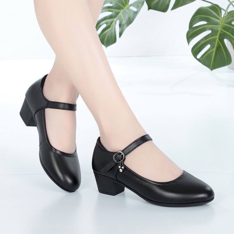 EUUJ2101 Sườn Xám Sàn Catwalk Giày Mid-Gót Dày Gót Giày Làm Việc Giày Da Của Phụ Nữ Từ Khóa Kích Thước Lớn Mũi Tròn Chuyên Nghiệp Màu Đen Duy Nhất Giày Phụ Nữ