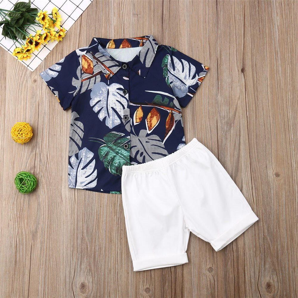 M&B Home Boho Kids Baby Boy Clothes Sets Tropical Leaves Shorts Sleeve  T-Shirt + Shorts Breathable Summer Outfits For 1-6 Years Review And Price