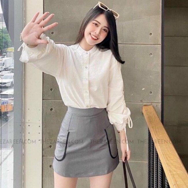Áo sơ mi cổ trụ tay phồng rút dây cực xinh😍