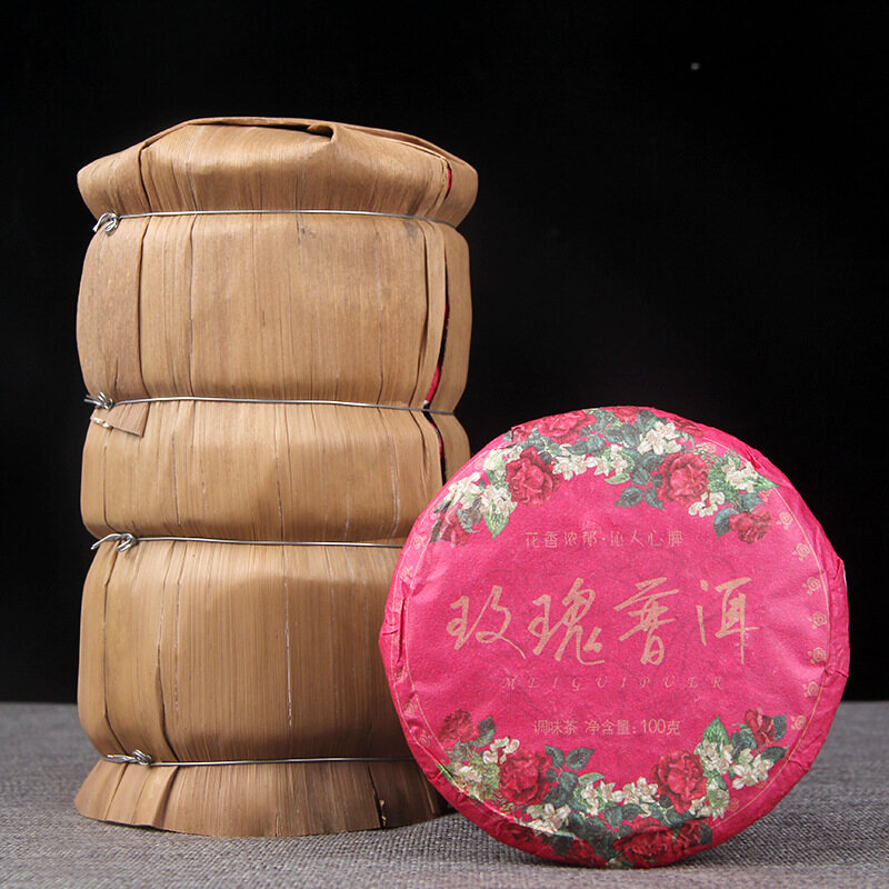 Rose chín pu'er bánh trà 100g trung quốc trà phổ nhĩ 普洱茶熟茶玫瑰花普熟茶饼 普洱 + 玫瑰花 陈香花香组合茶饼