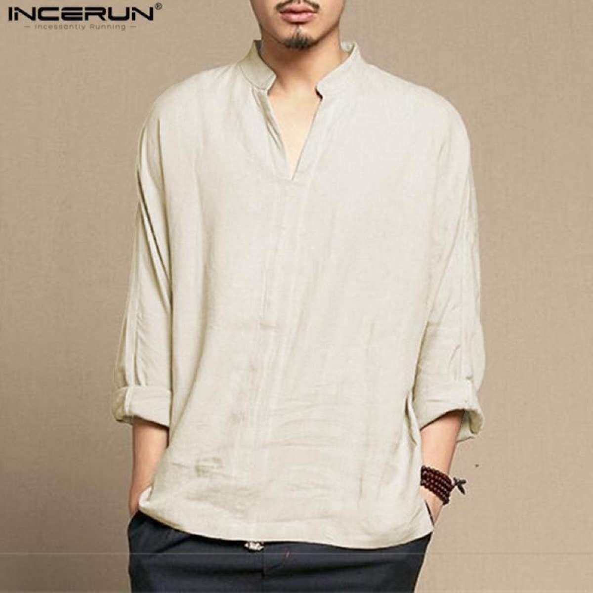 Mens Casual Cotton Linen Shirt long Sleeve