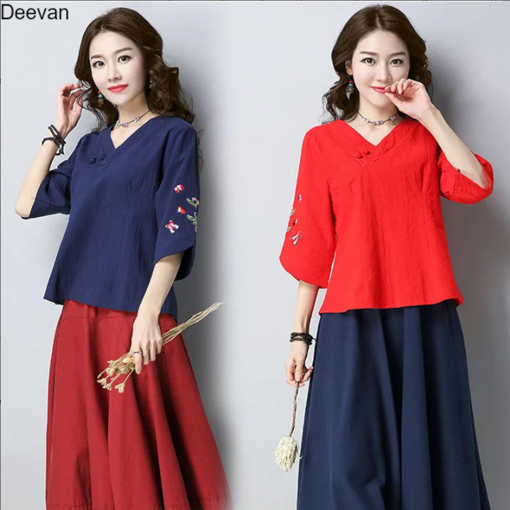 Deevan 1591774321 CottonDesign Áo Thun Nữ Thêu Vải Cotton Phong Cách Dân Tộc Mới Mùa Thu Áo Chui Đầu Tay Lửng Cổ Chữ V Áo Thun Cotton Cổ Điển Phong Cách Trung Quốc Ngoại Cỡ 3BT0206