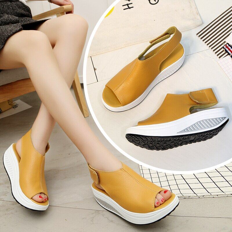 5 Phong Cách Mùa Hè Dép xăng đan nữ kiểu dáng chắc chắn Xăng đan đế xuồng Da Đu hở ngón mũi nhọn Giản Dị Giày Phụ Nữ Giày đi bộ Flats Kích Thước 35-43