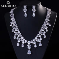 SEQUITO Gorgeous Costume Jewelry Set Women Wedding Cubic Zirconia Diamond Long Water Drop Dangle Earrings Necklace for Party Accessories SJ042