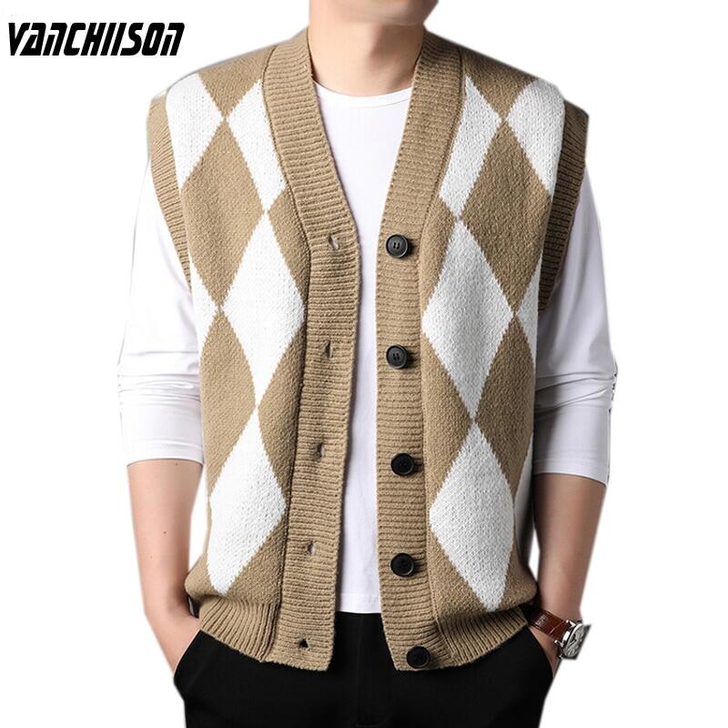 Người Đàn Ông Vest Knit Nút Xuống Không Tay Argyle Áo len cardigan Áo Khoác cỡ lỡn 100Kg 4XL V Cổ phong cách preppy Giản Dị 0017196