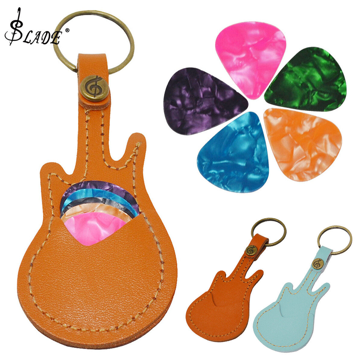 SLADE Da Thật Miếng Gảy Đàn Guitar Móc Treo Chìa Khóa Đàn Guitar Plectrums Túi Bao Với 5 Picks